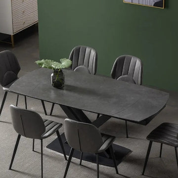 71" Modern Expandable Gray Stone Dining Table with Drop Leaf & Trestle Base 4-6 Person